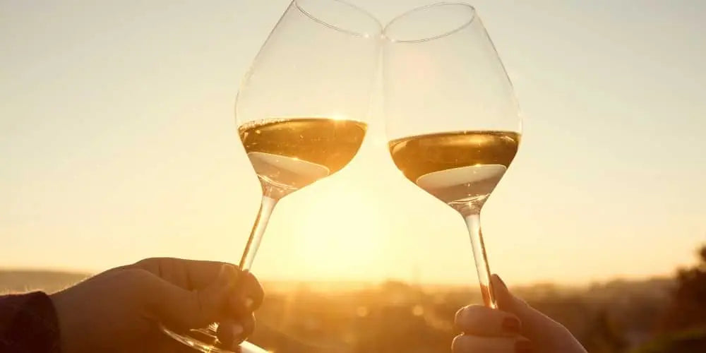 Two wine glasses being clinked together against a sunset sky.