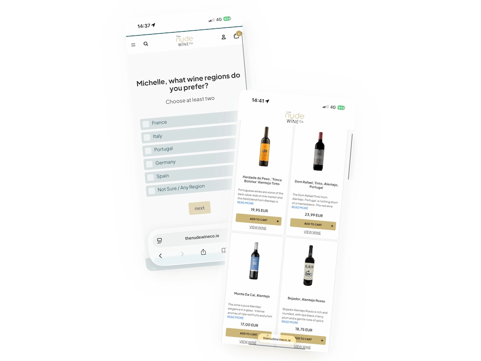 Two screenshots, one showing a question with a list of options, and another showing a list of wine recommendations.
