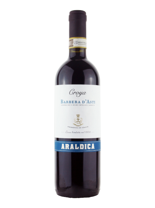 Red wine bottle of Araldica Barbera d'Asti Croya Asti
with a white label on a white background