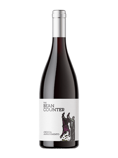 Wine bottle labeled 'The Bean Counter' on a white background