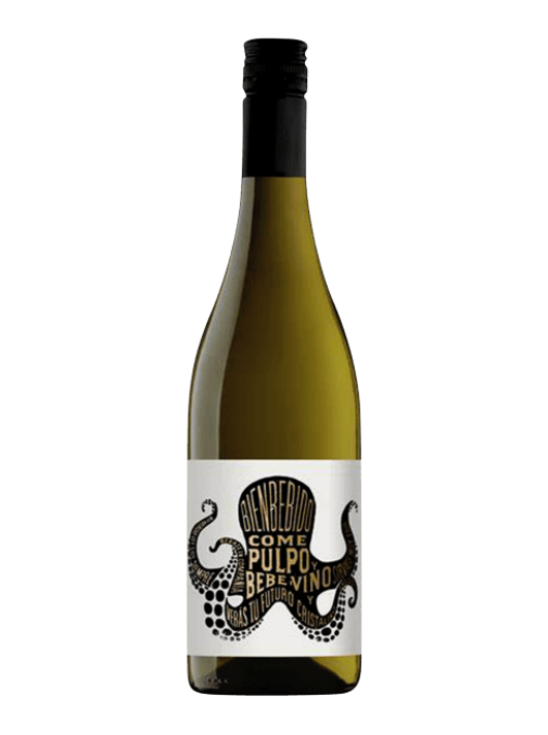 A bottle of white wine with a black cap and a white label featuring a black octopus illustration and the text 'PULPO REBEVINO'.