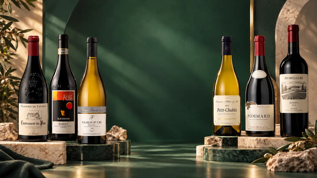 Six wine bottles from renowned producers are arranged on a dark green set with stone pedestals. Visible brands include Domaine de la Vigne, Aissa, Chablis et Cie, Port-Cbassie, Pommad, and Benelli.