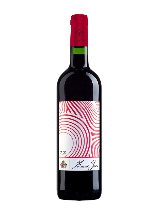 Red wine bottle with a red label on a white background