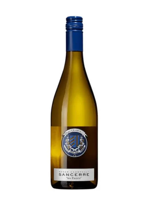 A bottle of Sancerre white wine with a blue foil cap and a blue and white label, shown on a plain white background.