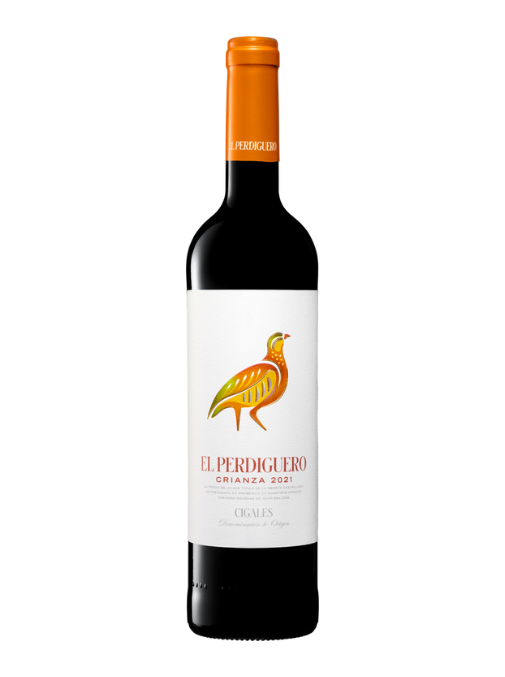 Wine bottle with a white label featuring a bird illustration on a white background