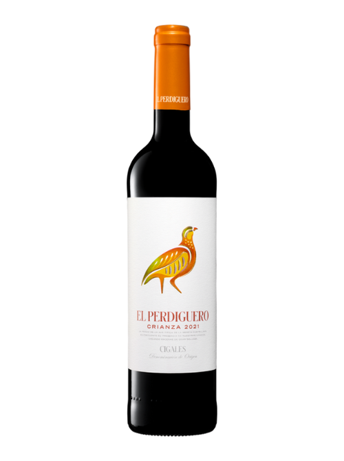 Wine bottle with a white label featuring a bird illustration on a white background