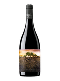 Wine bottle with a label featuring trees and roots on a white background