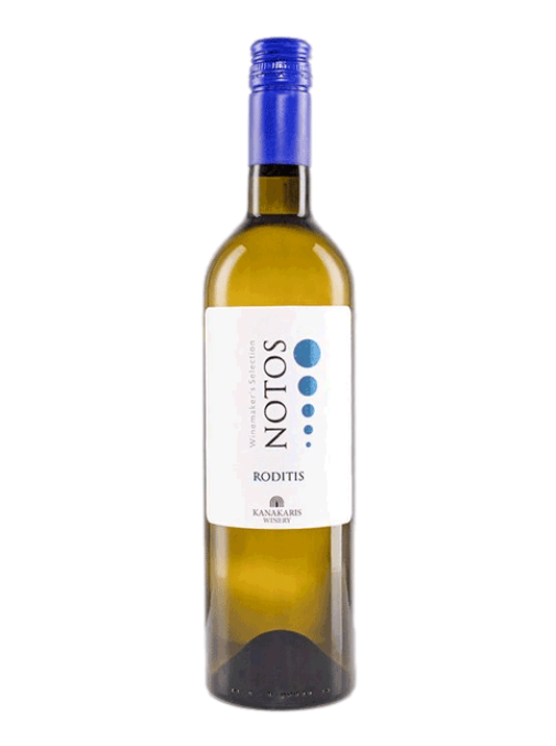 Bottle of Notos wine with a white label on a white background