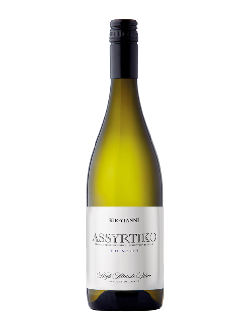 Wine bottle labeled 'Assyrtiko' on a white background