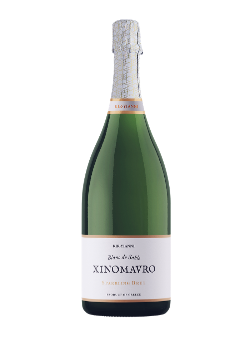 Bottle of Xinomavro sparkling wine on a white background