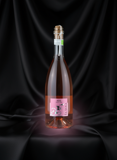 Rose wine bottle with a pink label on a white background