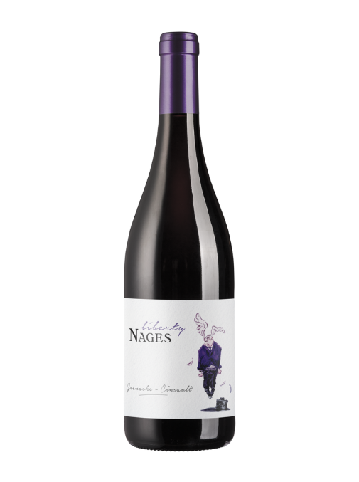 Wine bottle with a label featuring a deer in a suit on a white background