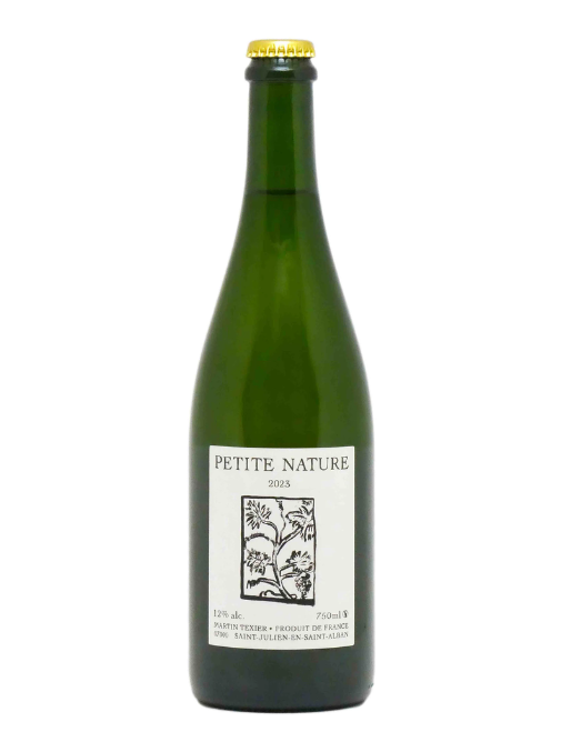 Green wine bottle labeled 'Petite Nature' on a white background