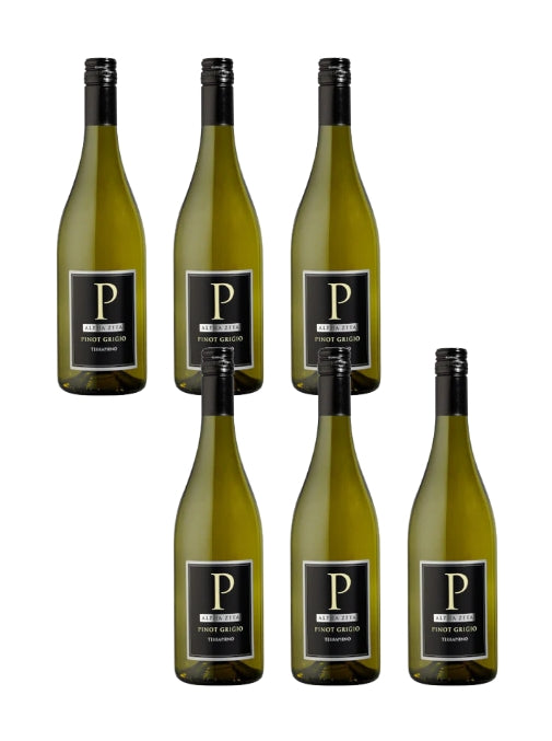 Six bottles of Alpha Zeta white wine with black labels on a white background