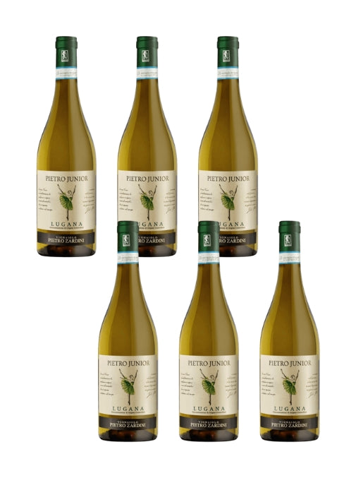 Six bottles of Pietro Junior Lugana wine on a white background