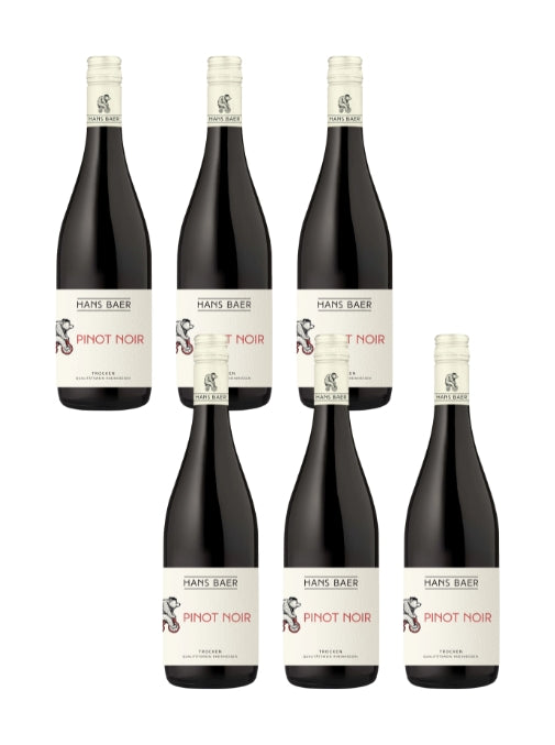 Six bottles of Hans Baer Pinot Noir wine on a white background