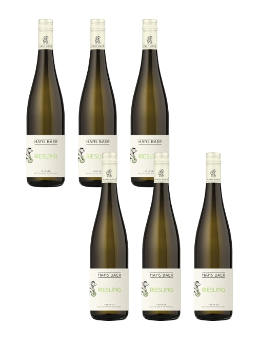 Six bottles of Hans Baer Riesling wine on a white background