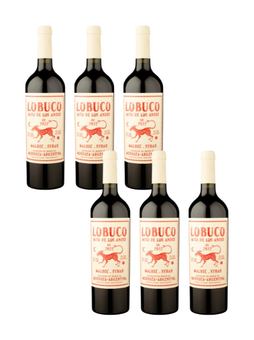 Six bottles of Lobuco wine with red labels on a white background