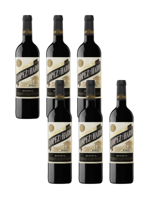 Set of six Lopez de Haro wine bottles on a white background