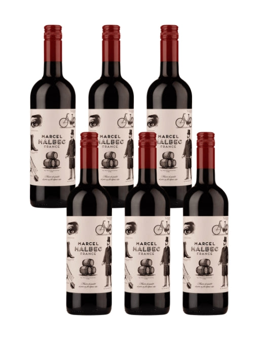 Six bottles of Marcel Malbec wine arranged in two rows on a white background.