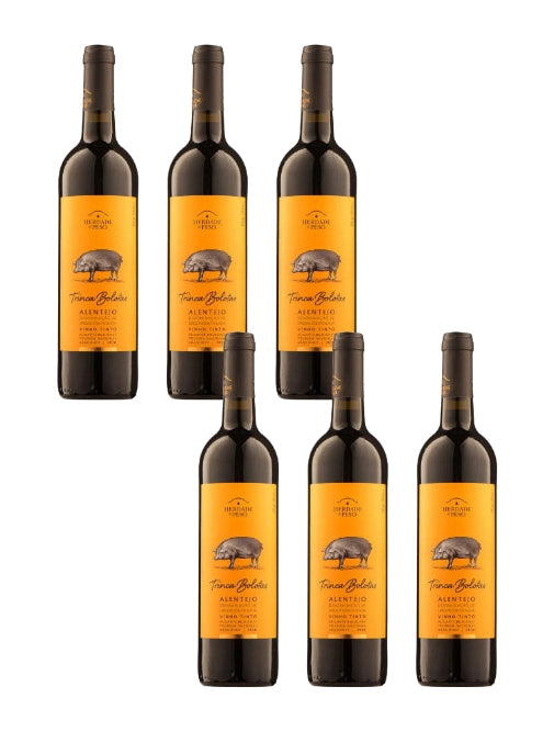 Set of six Trinca Bolotas wine bottles with orange labels featuring a logo on a white background