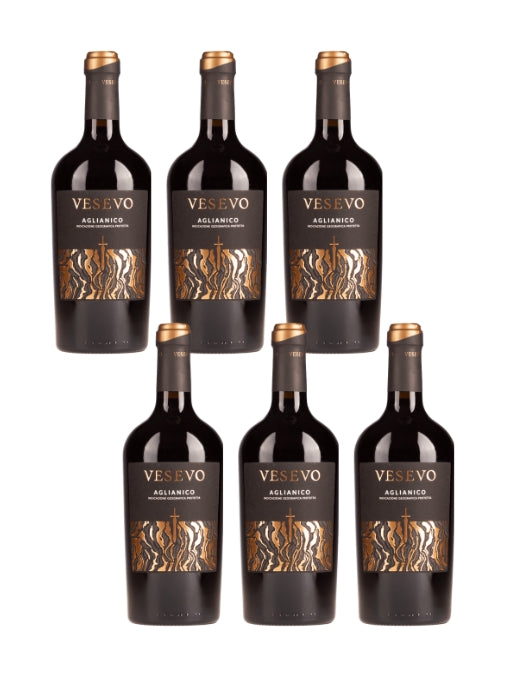 Six bottles of Vesevo Aquilano wine on a white background