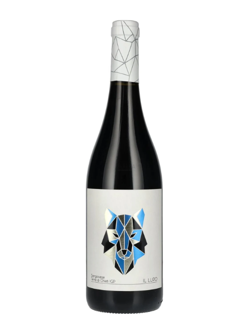 Wine bottle with geometric wolf design on label against a white background