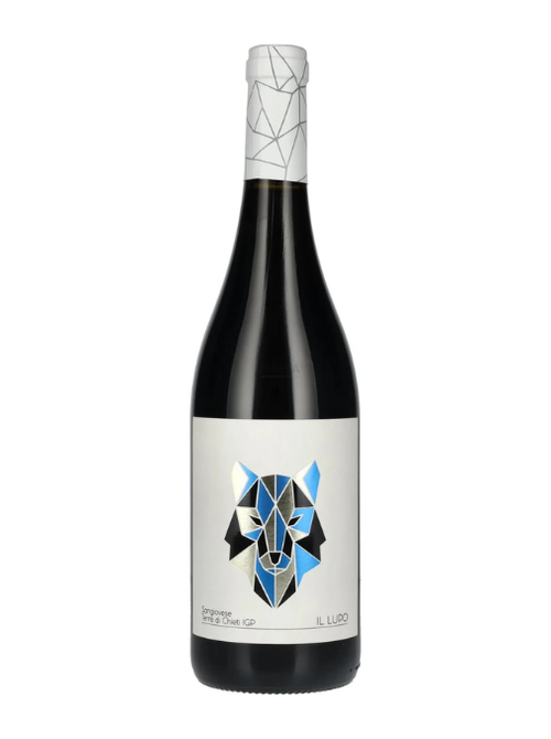 Wine bottle with geometric wolf design on label against a white background
