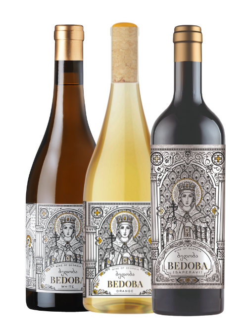 Three bottles of Bedoba wine with decorative labels on a white background
