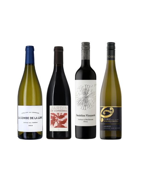 Four wine bottles arranged side by side on a plain white background, including La Combie de la Lune, Jardin de Corbier, Denham Vineyards, and Torri Pensa.