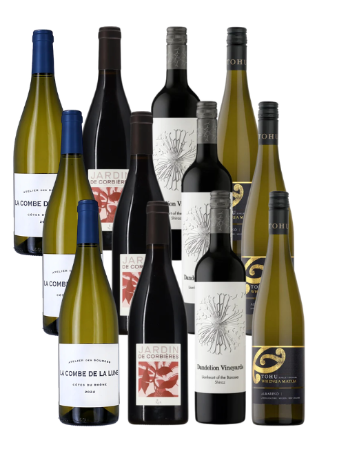 A group of ten wine bottles from the brands Jardin des Combes and Torrette, arranged against a plain white background.