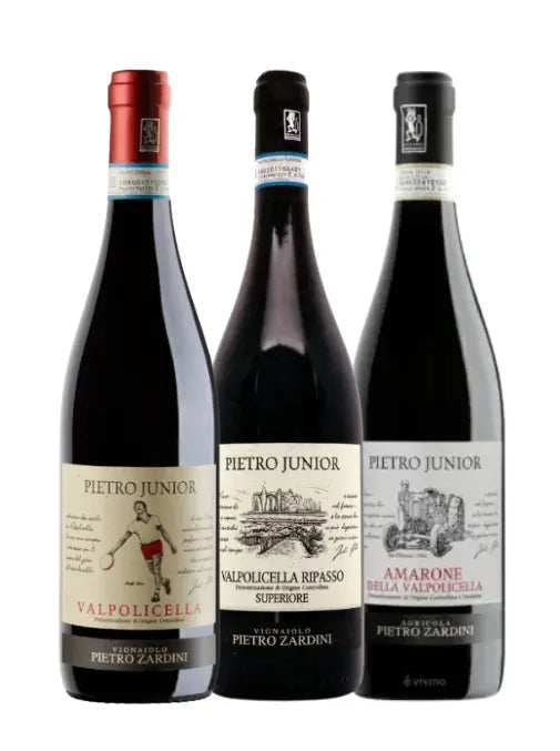 Three bottles of red wine from Pietro Zardini and Pietro Junior lined up against a white background. The bottles are dark glass, with labels in beige, white, and black, and are capped with red, white, and black foil.