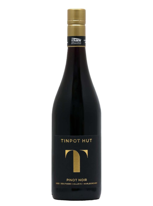 A bottle of Tinpot Hut Pinot Noir red wine with a black label and gold lettering, sealed with a gold foil cap, on a plain white background.