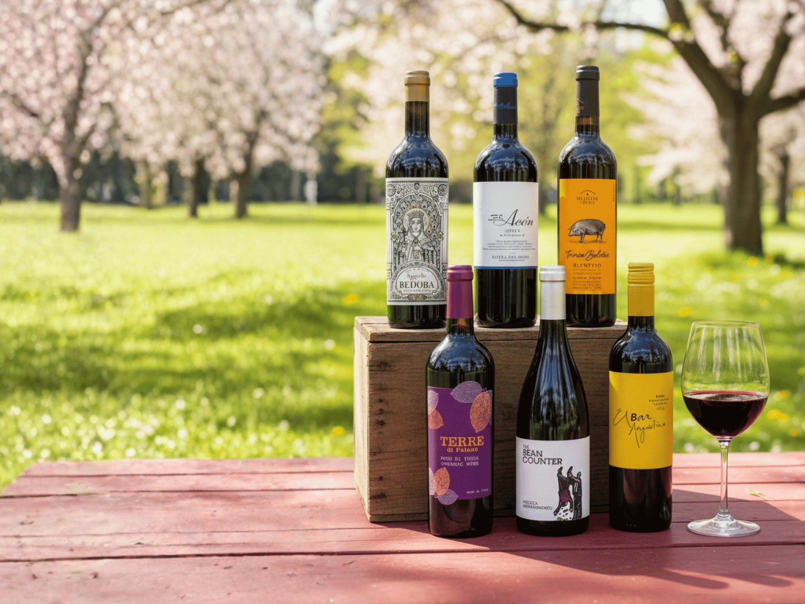 Assorted Velvet Red wine bottles on a wooden crate beside a glass of red wine with a scenic background of trees and grass.