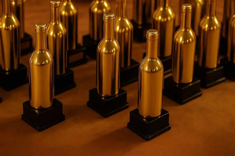 Gold bottle shaped trophies on black stands arranged in a pattern against a warm-toned background